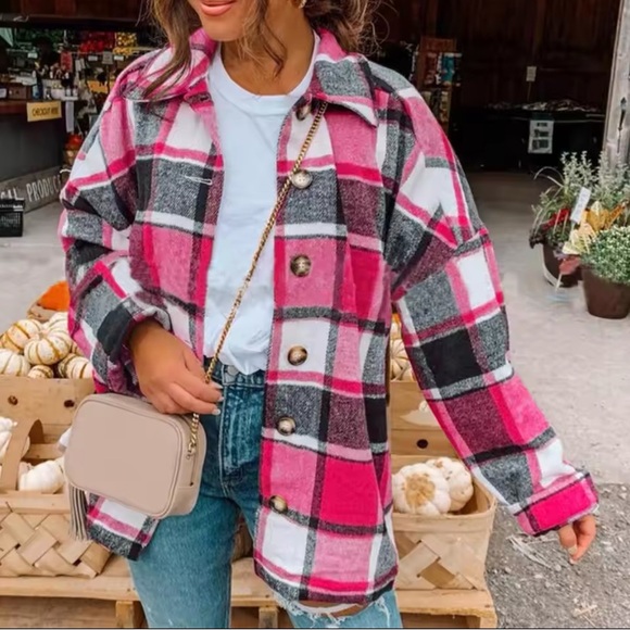 Sweaters - Oversized Plaid Flannel Shacket Jacket Casual Button-Down Long Sleeve Coat